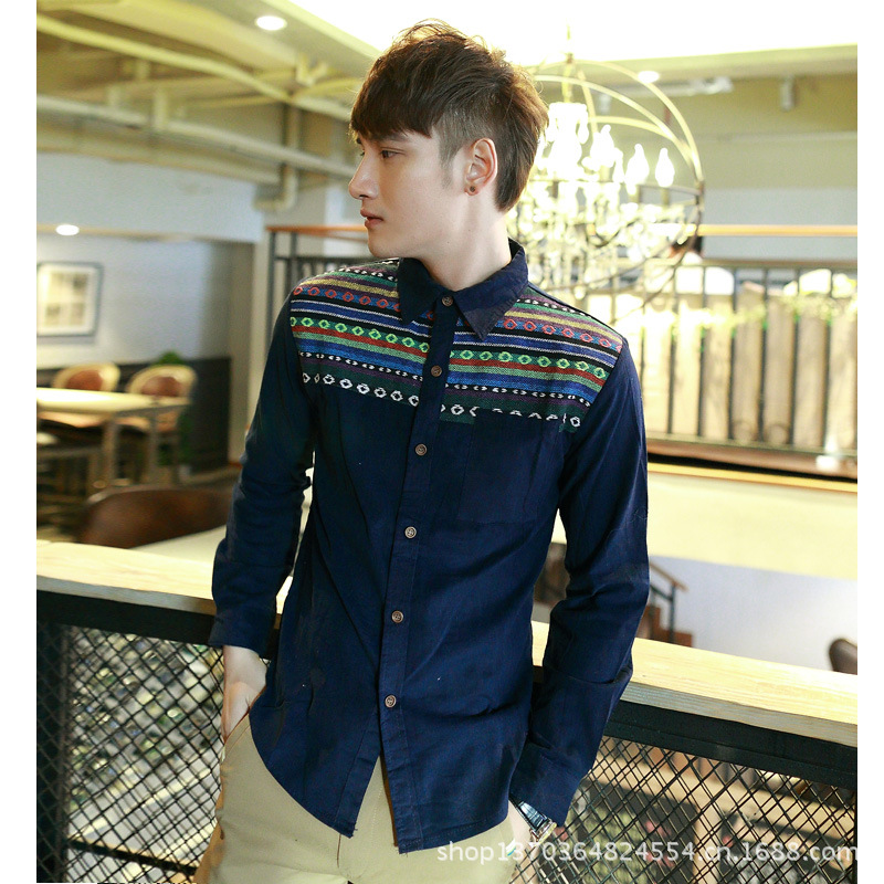 2013秋冬熱銷 燈芯絨加厚肩部彩條撞色男士長(zhǎng)袖襯衫 C306-70