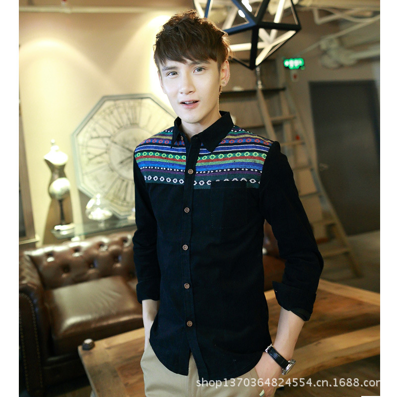 2013秋冬熱銷 燈芯絨加厚肩部彩條撞色男士長(zhǎng)袖襯衫 C306-70